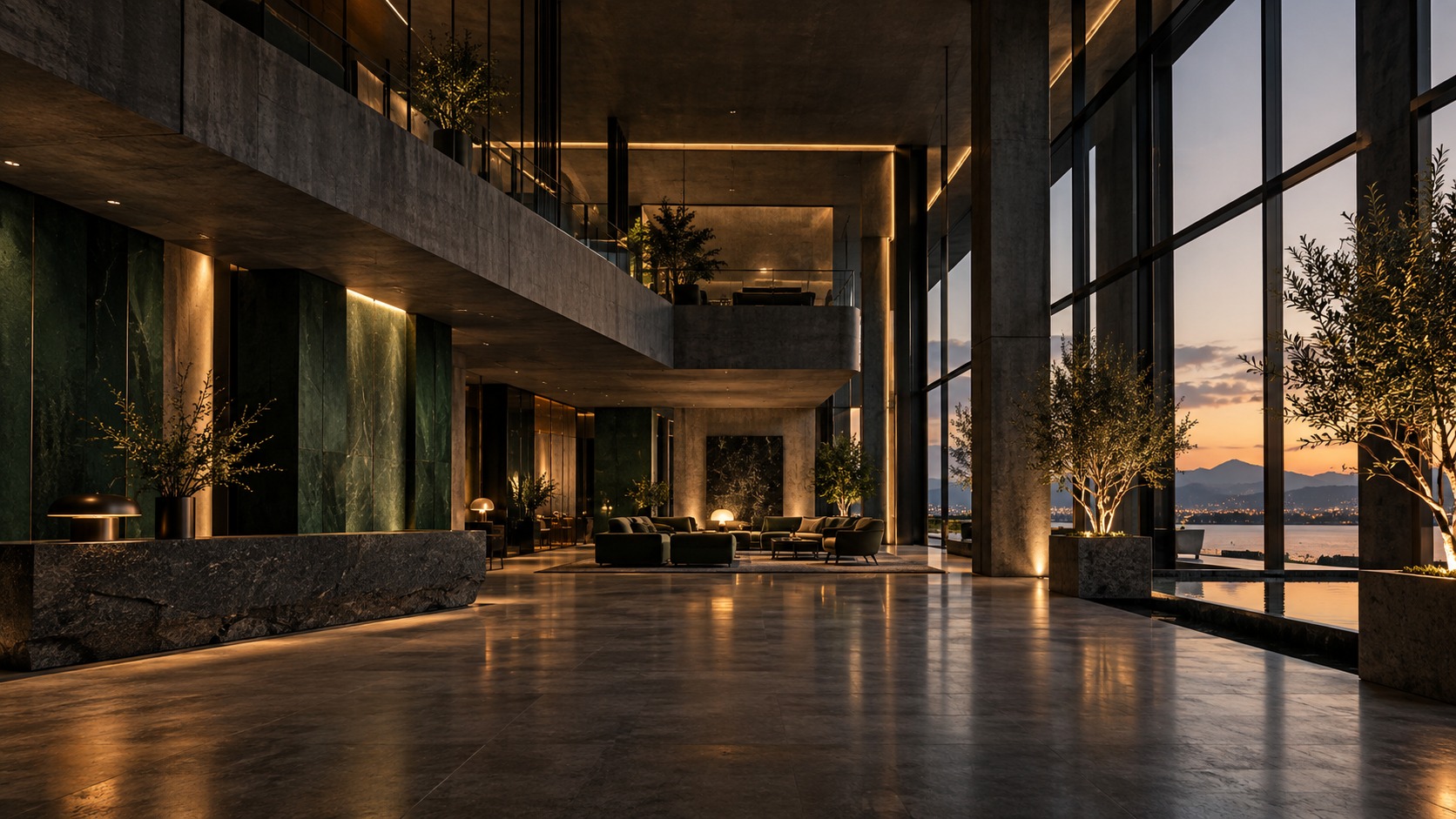 Architectural visualisation of a spacious commercial interior with a concrete mezzanine, green stone and tall glazing