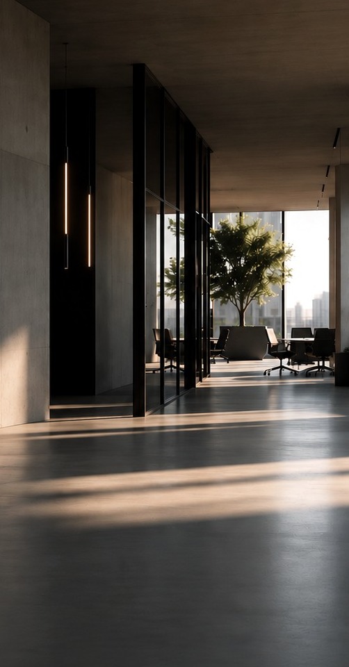 Architectural visualisation of glazed meeting rooms in a contemporary office interior